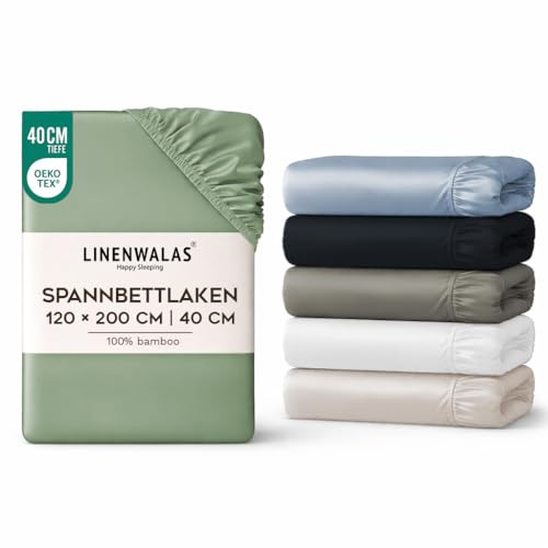 LINENWALAS Spannbetttuch aus 100% Bio-Bambus Seide 120x200 cm, Tiefe Tasche bis 40 cm weich, Öko-Tex-zertifiziertes kühlendes Bambus-Bettwäsche-Set Spannbetttuch mit Kissenbezug (Avocadogrün)