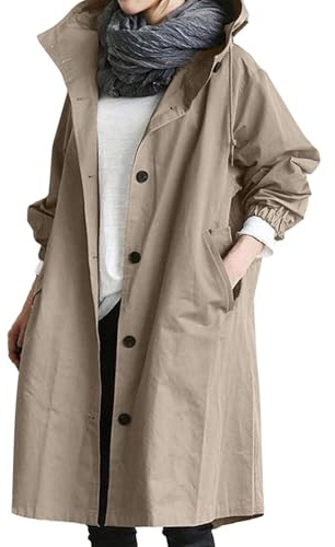 Trench-Coat pour Femme Manteau à Boutonnage Long Trench-Coat Uni Manteau pour Femme Coupe-Vent Manteau de Transition avec Poches Veste D'extérieur Coupe-Vent Léger Veste à Capuche Unie(Brown,5XL)