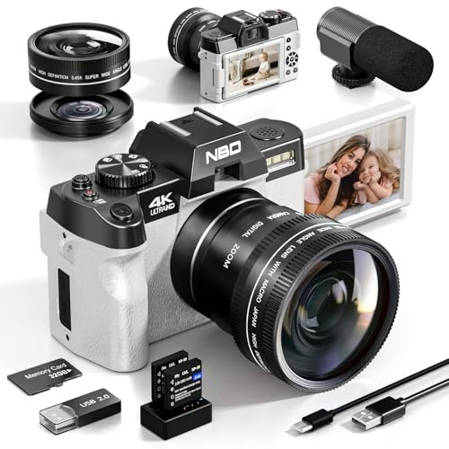 NBD 4K Digital Cameras for Photography - 48MP/60FPS Video Camera for Vlogging, WiFi & App Control, YouTube Vlogging Camera with 32GB TF Card. Wide-Angle & Macro Lens Included (White)