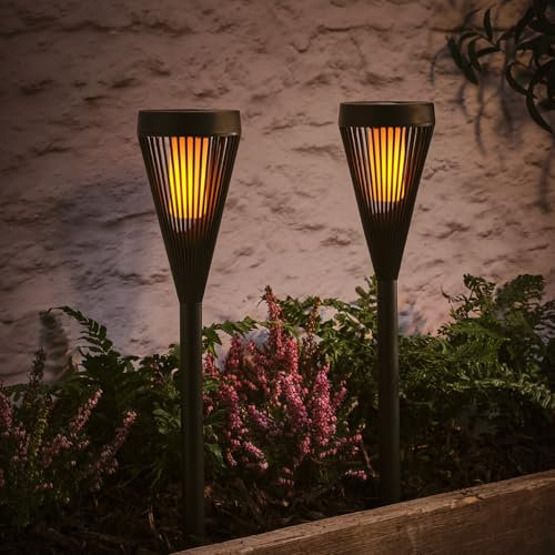 Lights4fun Set di 2 Torce Solari LED a Luce Bianca Calda con Fiamma Tremolante da 45 cm Decorazione per Giardino Balcone Esterni
