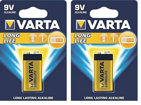 VARTA Piles Pile Bloc 9V, Lot de 2, Longlife, Alcaline, pour détecteurs d'incendie, détecteurs de fumée, Microphones