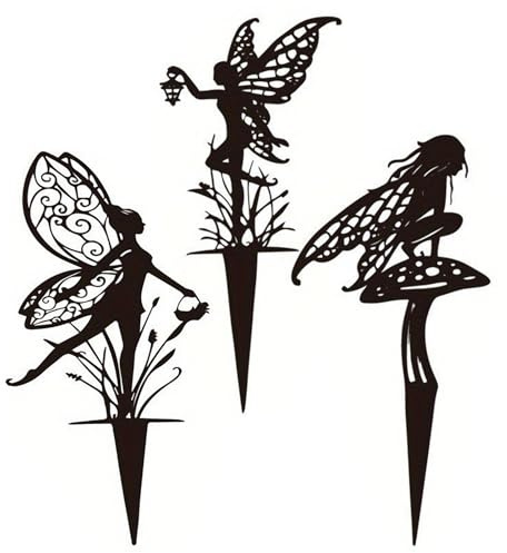 KEFSR 3 Pcs Black Fairy Garden Stakes Set, Aesthetic Dancing Angel Metal Planar Stakes for Indoor Outdoor, Potted Plants Yard Lawn Ornaments (angle Mushroom)