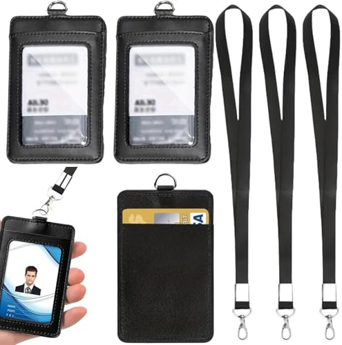 3 Stück Ausweishülle leder, Kartenhalter Ausweis, Ausweishülle mit Band, abnehmbare Lanyard, Vertikal, Schutztasche Mit Durchsichtigem Fenster, für Ausweis, Näherungsschlüsselkarten usw