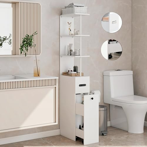 YU YUSING Meuble Colonne Salle de Bain Étroite 23cm avec 2 Tiroirs et roulettes, Étagère de Rangement, Armoire Haute sur Pied, 3 Compartiments Ouverts, Petit Meuble Toilette WC (H167cm),Blanc