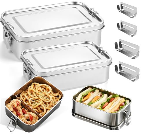GOMETY 2er Set Brotdose Edelstahl 850ml+1400ml, Lunchbox Auslaufsicher Bento Box mit Abtrennung & Dichtring BPA-frei Edelstahl Brotdose mit Fächern für Erwachsene Kinder Camping Picknick Schule Arbeit