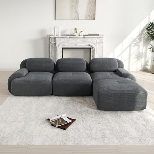 A ALFRESCOOL Modulares 3 Sitzer Sofa aus Cordstoff, Ecksofa, Boneless Couch mit 1 Ottomane, Compressed Sofa, Ohne Montage & Rutschfester Unterseite, frei Kombinierbar, 298×178×75cm (Grau)