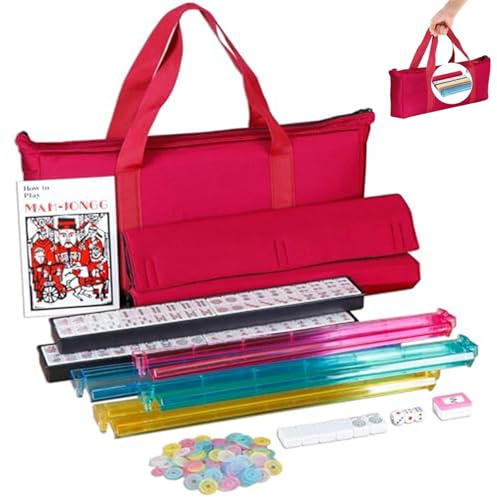 Jeorywoet Amerikanisches Mahjong-Set, klassisch, komplett, volle Größe, 166 Spielsteine, 4 Stück, 2-in-1-Rack-Schieber, rote weiche Tasche, Chips, Windhändler, manuelle Würfel