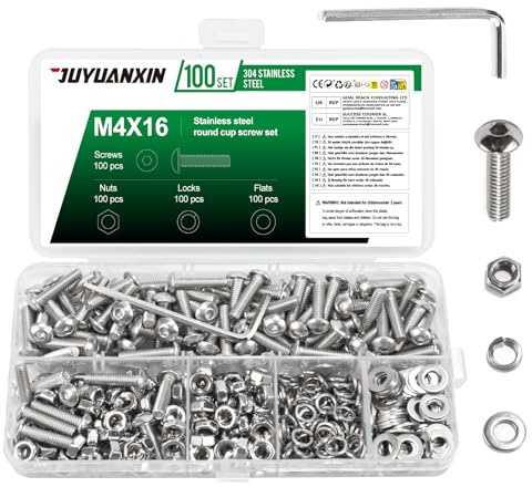 100 Set M4 x 16 mm Schrauben Set, Linsenkopfschrauben Muttern Set, Edelstahl Rundkopf Innensechskantschrauben mit Muttern Sets, Maschinenschrauben Gewindeschrauben Sets und Unterlegscheiben