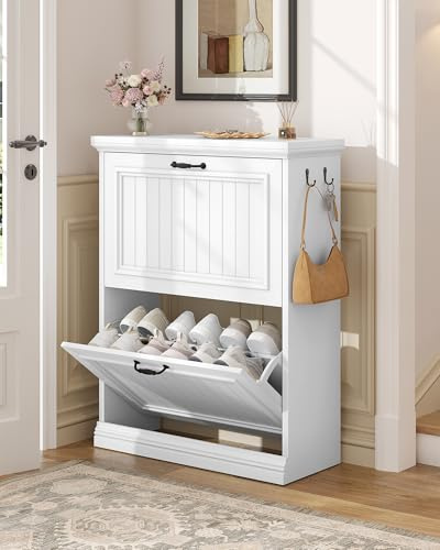 Hzuaneri Shoe Cabinet with 2 Flip Drawer, Space-Saving Slim Cupboard, White | 24 x 75 x 92 cm, Wooden Shoe Cabinet with Adjustable Dividers, Shoe Cabinet Storage Hallway, Entryway, 12-14 Pairs, SR60303X