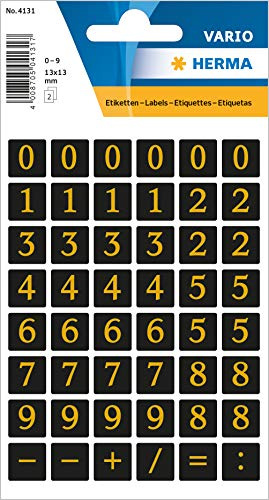 HERMA 4131 Zahlen Aufkleber gold geprägt 0-9, 96 Stück, 13 x 13 mm, selbstklebend, groß, Nummer Ziffer Klebezahlen Sticker Hausnummern aus Folie zum Aufkleben, schwarz