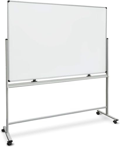 OfficeMarshal Whiteboard mit Ständer 120 x 180cm mobiles Whiteboard auf Rollen doppelseitige Stativdrehtafel magnetisch, beschreibbar, rollbar, leicht abwischbar mit Stifteablage, Aluminiumrahmen