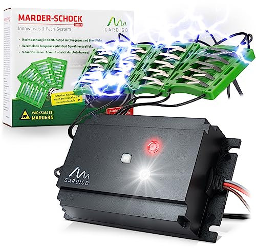 Gardigo® Marderschreck Auto Stromschlag | 3-fache Marderabwehr durch Ultraschall Blitzlicht und Elektroschock | Marderschutz im Motorraum | IP65 | Anschluss an Autobatterie | 400V | 12-24 kHz