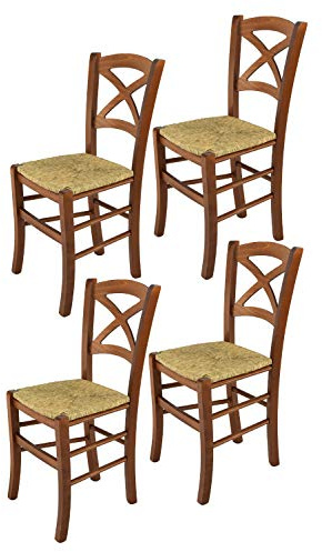 t m c s Tommychairs - 4er Set Stühle Cross für Küche und Esszimmer, Robuste Struktur aus lackiertem Buchenholz im Farbton Helles Nussbraun und Sitzfläche aus Stroh