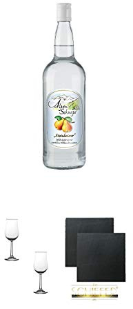 Alpenschnaps Steinbeisser Williamsbirne 1,0 Liter + Nosing Gläser Kelchglas Bugatti mit Eichstrich 2cl und 4cl - 2 Stück + Schiefer Glasuntersetzer eckig ca. 9,5 cm Ø 2 Stück
