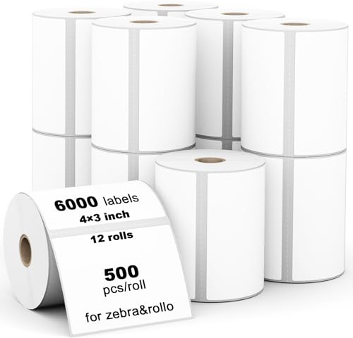 Labelebal 12 rollos de etiquetas térmicas directas de 4 x 3 pulgadas (101 mm x 76 mm), Pegatinas Multiusos compatibles con impresoras de escritorio Zebra e impresora de etiquetas en rollo para envío,