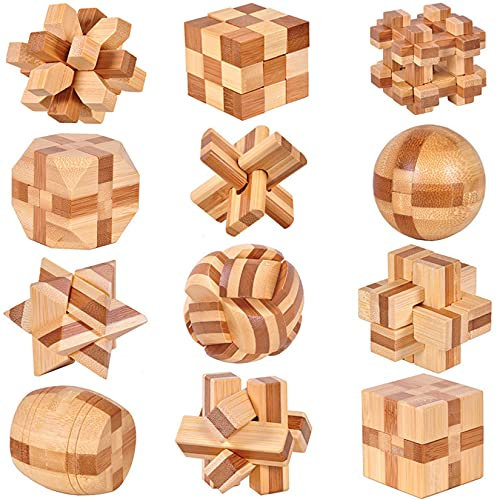 Holzsammlung 12 Stück Knobelspiele Holz, Geschicklichkeitsspiel Holz, Logikspiele IQ Spiele Geduldspiel Knobelspiele, 3D Mini Puzzle Denkspiele Spielzeug Geschenk Set für Erwachsene & Kinder, 4.5cm