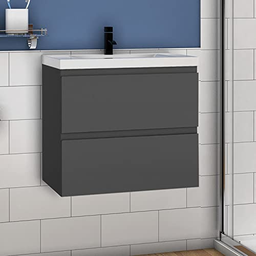 Aica Sanitär Waschtisch mit Unterschrank 60 cm Badmöbel Set mit Waschbecken Keramik dick Gäste WC Anthrazit Matt