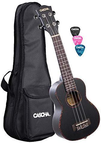 CASCHA Mahagoni Black Sopran Linkshänder Ukulele Erwachsene & Kinder - inkl. 3 Plektren & gepolsterte Tasche - Mahagoniholz-Ukulele für Anfänger & Fortgeschrittene - Aquila Nylon-Saiten