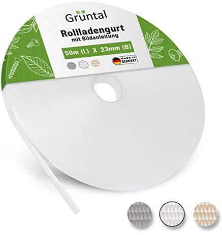 Grüntal® 50m Rollladengurt 14mm 23mm [Made in Germany] mit Anleitung- Für bis zu 8 Rollladen [Hohe Stabilität durch doppelte Webkanten]- schneller Rolladengurt-Wechsel
