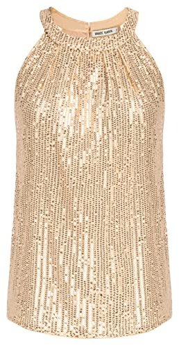 Damen Party Pailletten Bluse Loose Fit Tops Elegant Ärmellose Neckholder Oberteile Champagner Gold S CL1792A22-01
