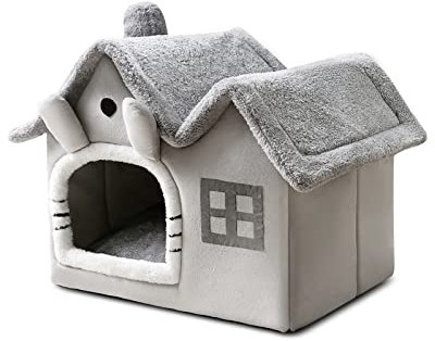 Galatée Katzenhöhlenbett, Warmes Und Gemütliches Plüsch-Katzen-Iglu, Waschbares Hundebett Mit Abnehmbarem Kissenkissen, Verbessert Den Schlaf, Faltbares Katzenhaus(M, Grau)