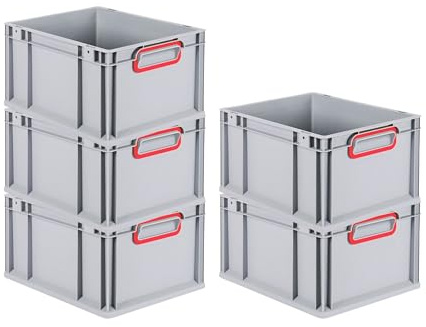 PROREGAL SuperSparSet 5x Eurobox NextGen Color | HxBxT 22x30x40cm | 20 Liter | Griffe rot geschlossen | Glatter Boden | Eurobehälter, Transportbox, Transportbehälter, Stapelbehälter