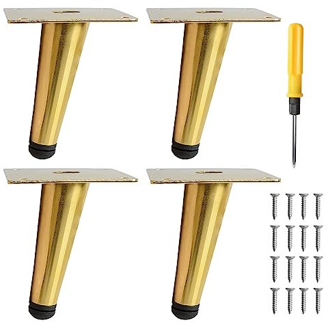 Toolzia 4Pcs 4 Metal Oblique Furniture Legs 10cm,Cone Cabinet Legs Stainless Steel Table Legs No-Slip Silent For Diy Furniture, Sofas, Cabinets(Gold)