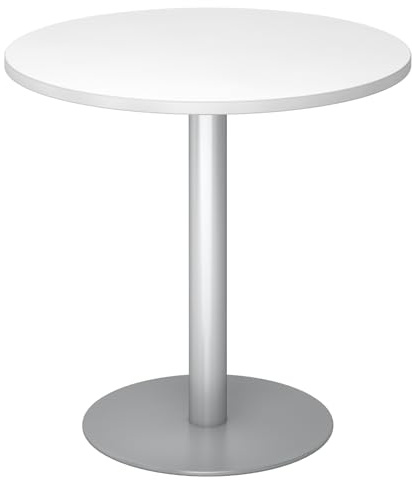 bümö Besprechungstisch, Esstisch klein, Tisch rund 80x80 cm in weiß, Gestell: Silber - Kleiner Rundtisch für 2 Personen mit Holz-Platte, Säule aus Metall, Konferenztisch, Bistrotisch