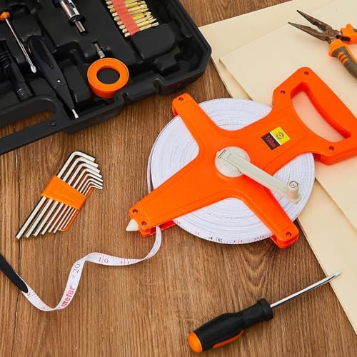 Fiberglas-Maßband, 100m Lang Rollbandmaß mit offener Rolle für Sportplätze, Outdoor, Ingenieurwesen, Leichtathletik, Langlebige doppelseitige Messrolle mit Füßen und Messgeräten