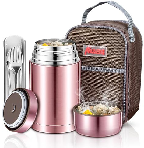 Thermal Food Flask, Soup Flask with Spoon, 800ml Double Walled Stainless Steel Vacuum Insulated Food Jars for Hot/Cold Food, Leak Proof Soup Containers for Kids/Adults, with Tote Bag for School Office