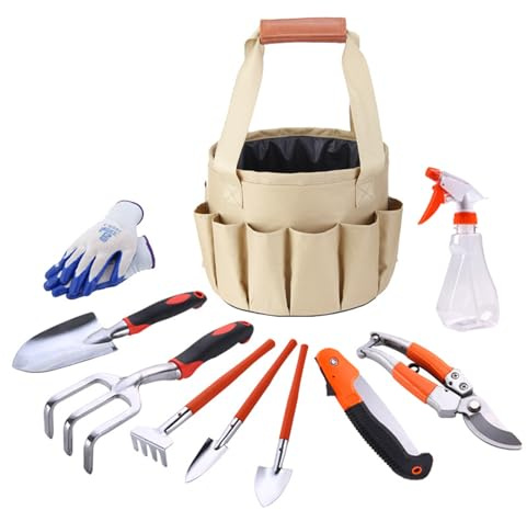 Walkervo 10 Stück Gartengeräte-Set Aus Robuster Aluminiumlegierung Gartenwerkzeugset Mit Outdoor-Handwerkzeugen Gehören Eine Grasschere Gartenhandschuhe Und Eine Aufbewahrungstasche
