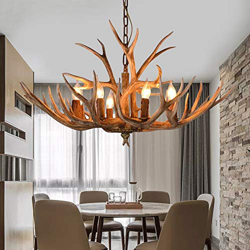 Geweih Kronleuchter Lampe Vintage 6-Kopf Harz Hängeleuchten Pendelleuchten Mit 6*E14 Glühbirnen Für Wohnzimmer Cafe Esszimmer