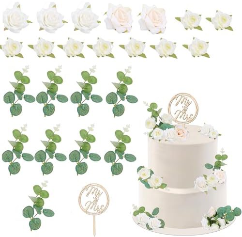 Yamitora 24 Stück Cake Topper Hochzeit Holz Tortendeko | Mr Mrs Torten Topper Deko,Tortenstecker Rosen Geldpflanzen Dekoration,Kuchen Deko Party