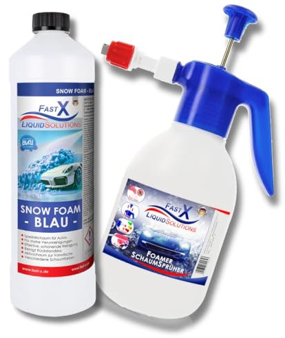 Snow Foam Auto-Reinigungsschaum Aktivschaum im Set mit Pump Sprüher und ohne: pH-Neutral, Lack- & Folien-Schutz in Pink, Blau, Klar – Intensive Pflege & Vorwäsche (Blue, 1 Liter inkl. Schaumpistole)