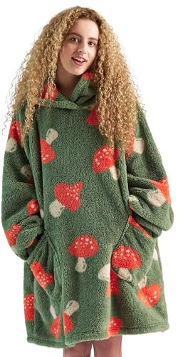 BEDSURE Hoodie Decke mit Ärmeln Grau-olivgrün - 95x85 Pilz | Weiche, Warm, mit Taschen, ideal für Damen & Herren, für Couch & Winter