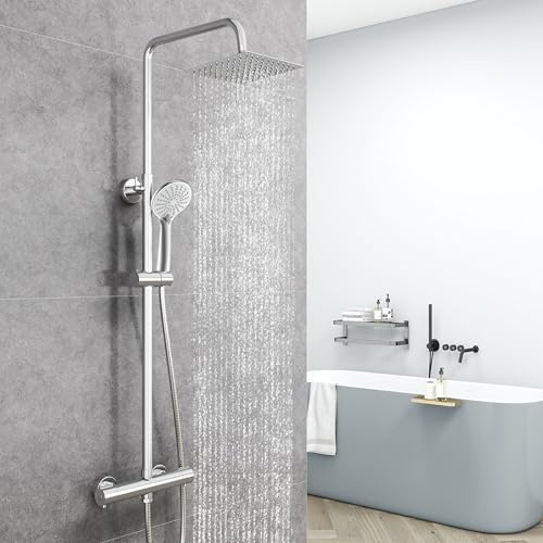 AICA Ensemble de Colonne de Douche Thermostatique pour Salle de Bain, Robinet de Douche Thermostatique, 3 Modes de Pulvérisation, Chromé, Hauteur Réglable 715 mm-1205 mm (Carré 2, argent)
