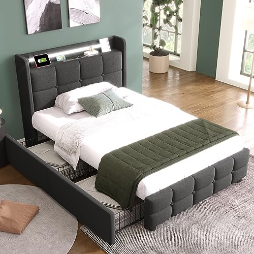 Ymkua Einzelbett Polsterbett 90x200 cm, Bettgestell Bett mit Stauraum und Lattenrost, Jugendbett Stauraumbett mit LED-Leuchten und 2 Schubladen, Bettrahmen mit USB-Ladekopfteil, Grau, Ohne Matratze