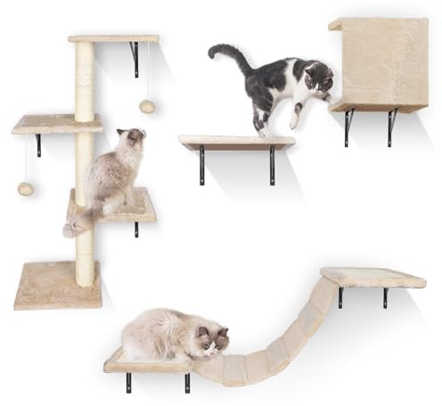 HEVOL Katzen Kletterwand, Kletterwand Katzen Set, 10-Teiliges Stabiler Katzenmöbel mit Kratzbäume, Hängematte,Katzenliege und Katzenhöhle für Katze Schlafen Spielen Lounging