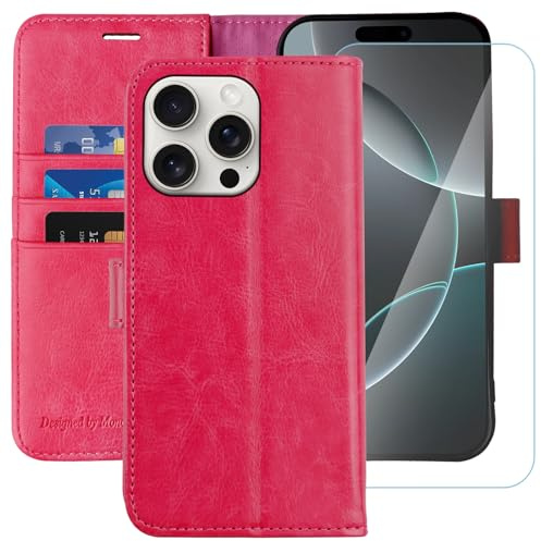 MONASAY for iPhone 16 Pro 5G Wallet Case,[Glass Screen Protector Included] [RFID Blocking] Flip Folio Leather Cell Phone Cover with Credit Card Holder, 6.3-inch, Hot-pink | Kickstand,RFID Blocking,6.6 feet of shock absorption,PU Leather,Strong Magnetic Closure,Fits 6.3 inch ONLY,screen Protector