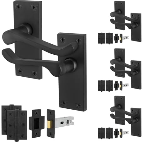 EAI Matt Black Door Handles with Latch 64mm and Hinges, 4 Pack