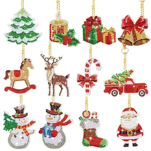 DELAESI 5D diamantmålning jul 12 set diamantmålning hänge barn jul nyckelring med verktyg diamant målning hänge för jul nyår festdekoration