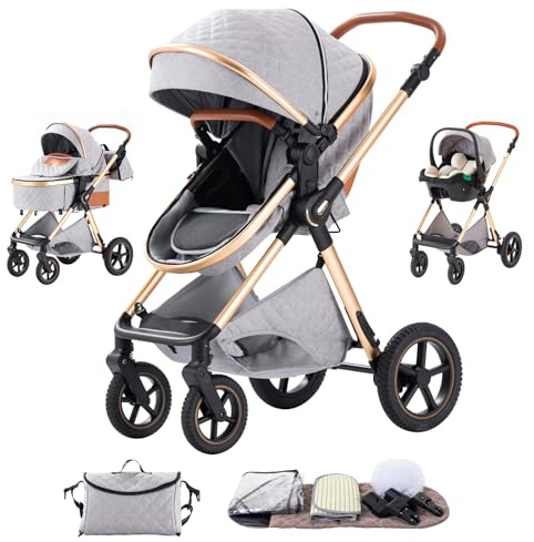 Shineey kinderwagen 3 in 1 Buggy Babybett Komplett Set Einem Klick Zusammenklappbarer Kinderwagen, 3 in 1 KombiKinderwagen Aluminiumrahmen für Neugeborene (H2-GREY, H2)