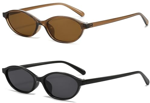 LJCZKA Retrò Occhiali da Sole Ovali per Donna, Occhiali da Sole Ovali Occhio di Gatto Piccoli Vintage Anni 90 Alla Moda Chic Fresco Protezione UV400 (Nero Nero+Scuro Marrone Marrone)