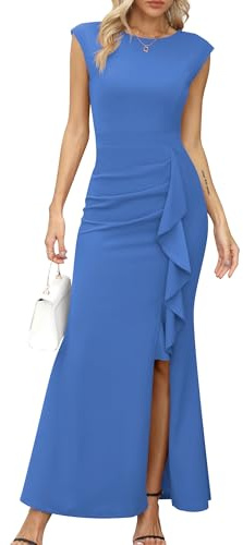 Missufe Balklänning för kvinnor, aftonklänning i maxilängd med fladdermusärmar, cocktailklänning med volang och slits, sjöjungfruklänning, bodycon, festklänning, bröllopsklänning, Ljusblå, XL
