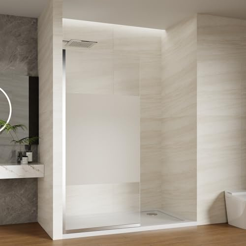 Viivppai Shower Screen 36 x 76 Half Frameless Shower Wall Panel, Tempered Glass 3/8 inch, Easy to clean Coating, Fixed Glass Shower Door with Hardware (Middle Frosted Glass-Chrome)