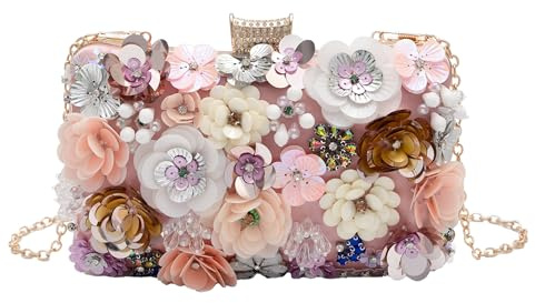 lapulio Blumen-Abendtasche für Damen – Perlen-Clutch mit Pailletten & Strass, elegante Handtasche für Hochzeit und Party mit Ketten