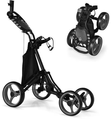 GYMAX 3/4 Wheels Golf Push Pull Cart, Lightweight Height Adjustable Golf Trolley with Storage Bag, Foot Brake, Umbrella Holder and Built-in Cooler, Foldable Golf Bag Holder (4 Wheels, Gray)