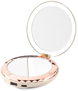 HALO Beauty Compact - Handspiegel und 5k Power Bank - 3-in-1 Licht, Spiegel & Power Bank - Tragbares USB-C Handy-Ladegerät - Handspiegel mit Lampe - Bis zu 2X Ladevorgänge (Pfirsich)