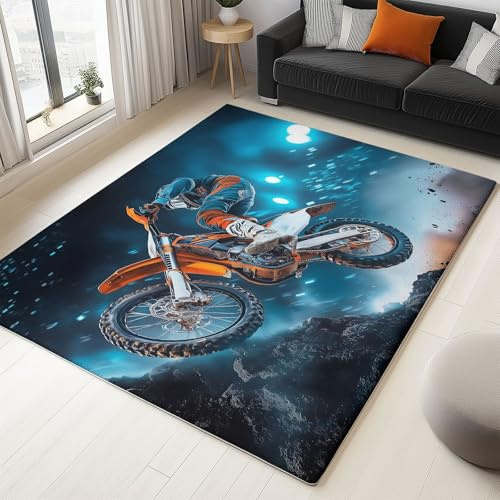 Teppich Wohnzimmer Fantasie Motocross Deko, Kleiner Teppich Kurzflor, Weich rutschfest Waschbare Teppiche, Fußmatte Bettvorleger Schlafzimmer Kinderzimmer, Blau 50 x 80 cm