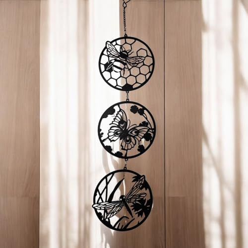 Epsom Door Handle Black Bee Silhouette Hanging Trio Spinner 60cm X 15cm Metal Kinetic Wind Spinner for Garden Home Outdoor Hanging Bee Ornament